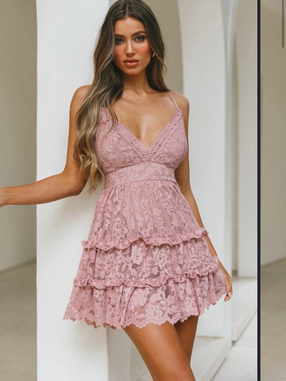Tiered Lace Spaghetti-Strap Mini Dress in Dusty Pink
